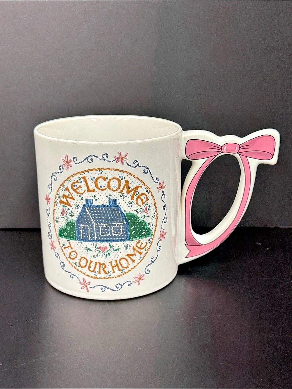 Vintage Japan “Welcome to Our Home” Ceramic Mug Pink Bow Handle Cottage